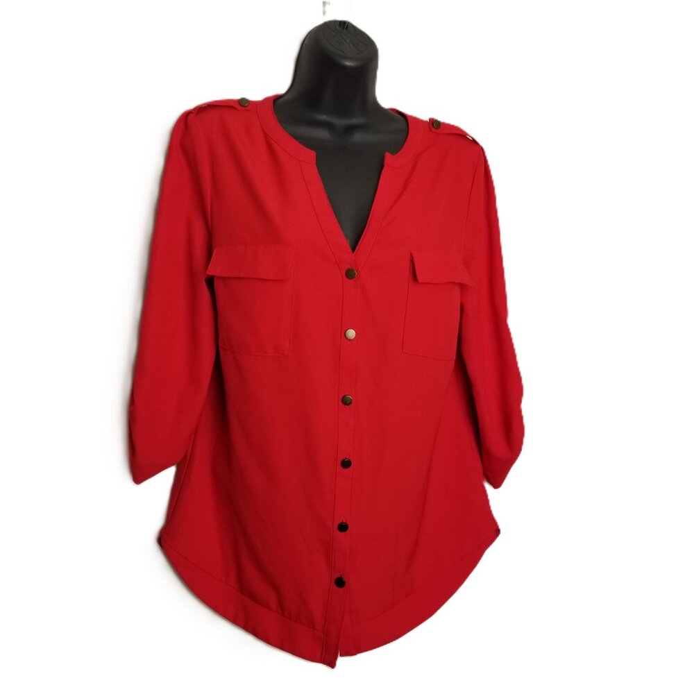41 Hawthorn Womens Small Red Button Front Blouse Roll Tab Sleeve Work